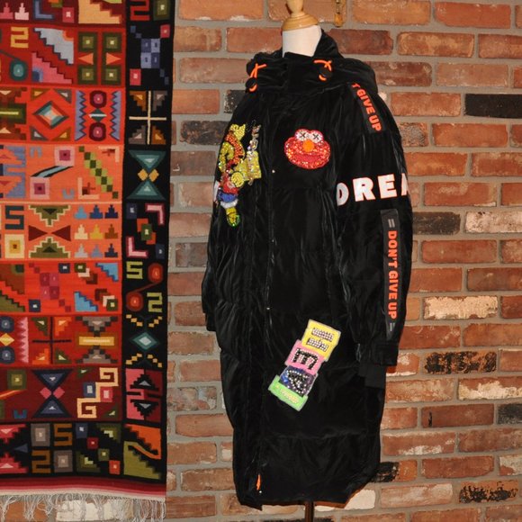 Black Silky Velvet Puffer Long Coat Sequin Pikachu Elmo DREAM "Don't Give Up" M - Picture 13 of 15